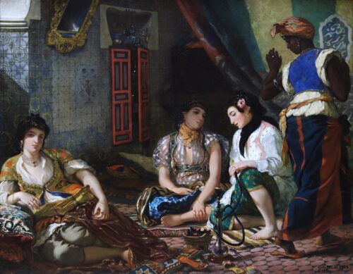 Femei din Alger în apartamentul lor, pictură de Eugène Delacroix din 1834 — scenă de harem cu trei femei și narghilea, exemplu de orientalism